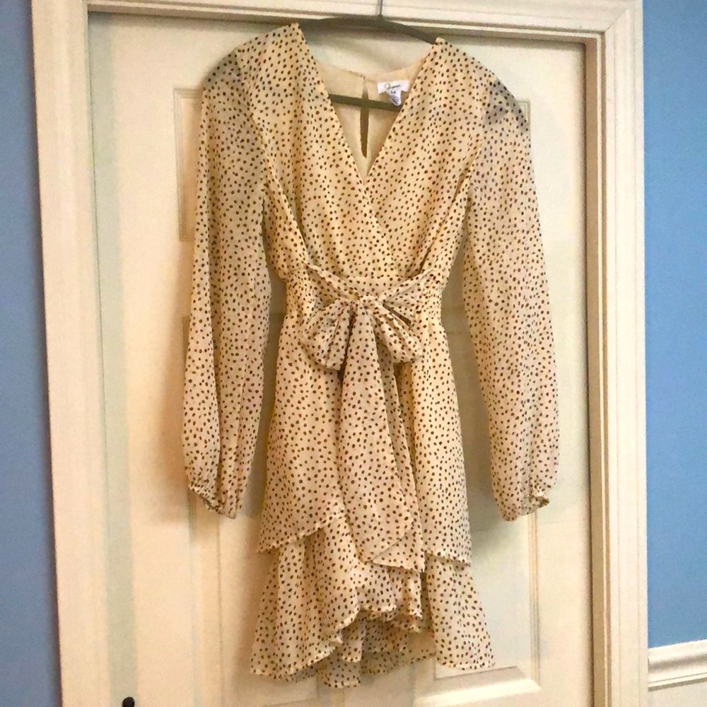 Polka Dot Wrap-Front Long Sleeve Dress in Beige